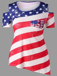 Plus Size Cold Shoulder American Flag Asymmetric T-shirt