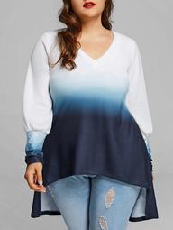 Cuff Sleeve Plus Size Ombre High Low T-shirt