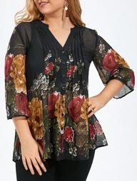 Plus Size Pintuck Sheer Floral Blouse