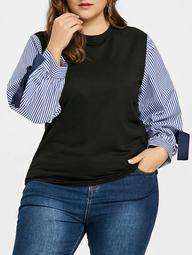 Plus Size Bowknot Embellished Striped Sleeve Top