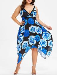 Plus Size Rose Print Handkerchief Dress