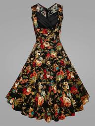 Pleated Plus Size Floral Vintage Swing Dress