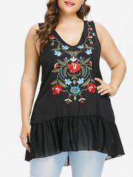 Plus Size V Neck Flounced Embroidery Tank Top