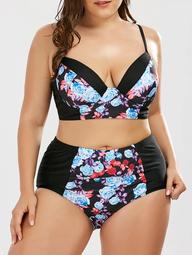 Floral Underwire Plus Size High Waist Bikini Swimsuit with Push Up Bra