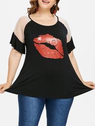 Plus Size Lip Print Raglan Sleeve T-shirt
