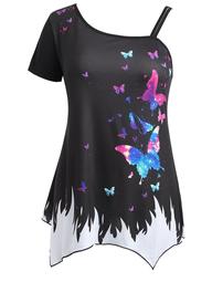 Plus Size Butterfly Skew Neck T-shirt