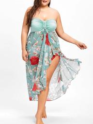 Plus Size Slit Floral Print Strapless Dress