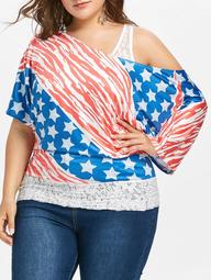 Plus Size American Flag Skew Neck T-shirt