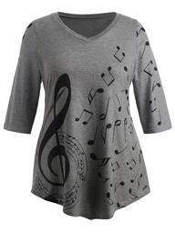 Three Quater Sleeve Plus Size Musical Notes T-shirt