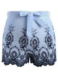 Plus Size Striped Embroidery Shorts With Tie Belt