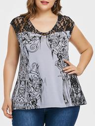 Lace Panel Plus Size Print Sleeveless T-shirt