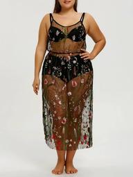 Plus Size Embroidery Slip Sheer Cover-up Dress