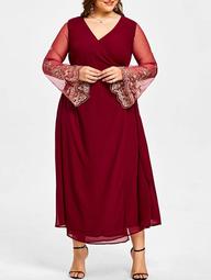 Plus Size Sheer Sleeve High Slit Surplice Dress