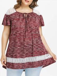 Plus Size Marled Lace Panel Peasant T-shirt