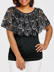 Plus Size Cape Overlay Sequined T-shirt