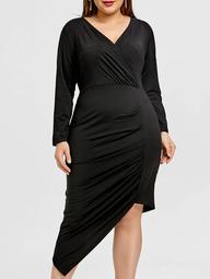 Surplice Asymmetrical Ruched Plus Size Dress