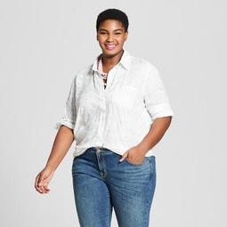 Women's Plus Size Button-Down Long Sleeve Floral Shirt with Shine - Ava & Viv™ Silver