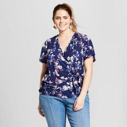 Women's Plus Size Floral Print Short Sleeve V-Neck Knit Top - Xhilaration™ Navy