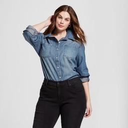 Women's Plus Size Denim Long Sleeve Button-Down Shirt - Universal Thread™ Medium Wash