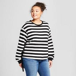 Women's Plus Size Striped Long Sleeve Side Grommet Detail Lace-Up Pullover - A New Day™ Black/White