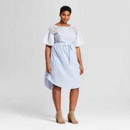 Women's Plus Size Stripe Embroidered Shirtdress - Ava & Viv™ Blue/White