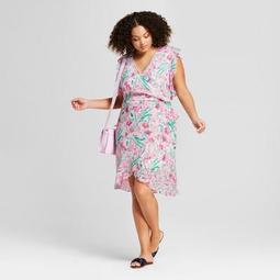 Women's Plus Size Floral Print Short Sleeve Ruffle Wrap Dress - A New Day™ Light Pink
