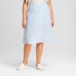 Women's Plus Size Striped Button Front A-Line Skirt - A New Day™ Blue/White