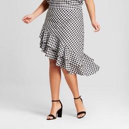 Women's Plus Size Gingham Asymmetrical Ruffle Skirt - A New Day™ Black/White
