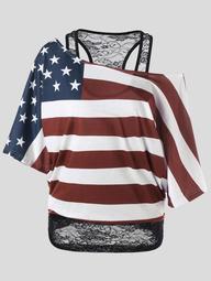Plus Size Skew Collar American Flag T-Shirt
