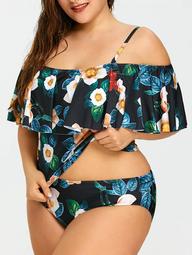 Flowers Print Plus Size Flounce Swimsuit