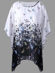 Plus Size Butterfly Sleeve Butterfly Print Blouse