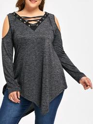 Lace Up Cold Shoulder Tunic Plus Size Hoodie