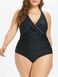 Plus Size Contrast Piping Ruched Swimsuit