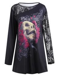 Lace Insert Floral Skull Halloween Plus Size T-shirt