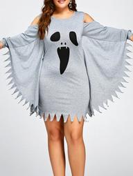 Halloween Plus Size Ghost Print Bat Wing Dress