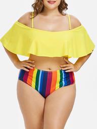 Plus Size Striped Cold Shoulder Bikini Set