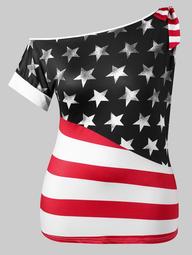 Plus Size  American Flag Skew Collar T-shirt