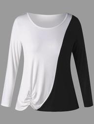 Plus Size Two Tone Long Sleeve Shirred T-shirt