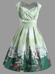 Christmas Vintage Forest Print Ruched Plus Size Dress