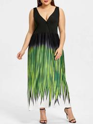 Plus Size Grass Print Plunging Neck Maxi Dress
