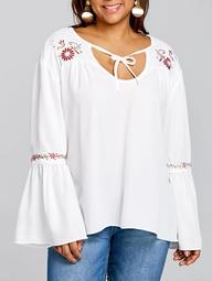 Plus Size Bell Sleeve Embroidery Smock Blouse
