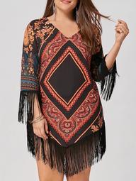 Chiffon Tassel Plus Size Tribal Printed Dress