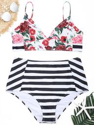 Floral Striped Plus Size High Waisted Bikini Set