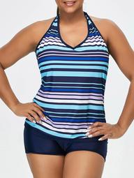 Padded Striped Plus Size Halter Tankini Swimsuits