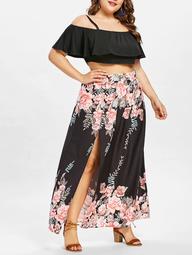 Plus Size Layered Crop Top with Floral Print Skirt