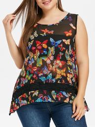 Butterfly Print Plus Size Lace Panel Tank Top