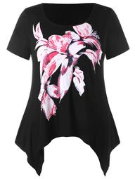 Plus Size Floral Crescent Hem T-shirt
