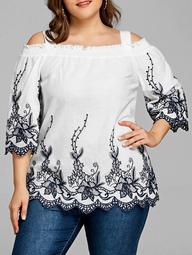 Plus Size Cold Shoulder Floral Embroidery Top