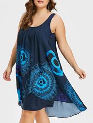 Plus Size Sleeveless Ethnic Print Overlap Dress