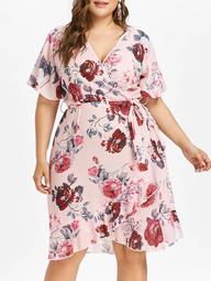 Ruffle Sleeve Plus Size Floral Surplice Dress
